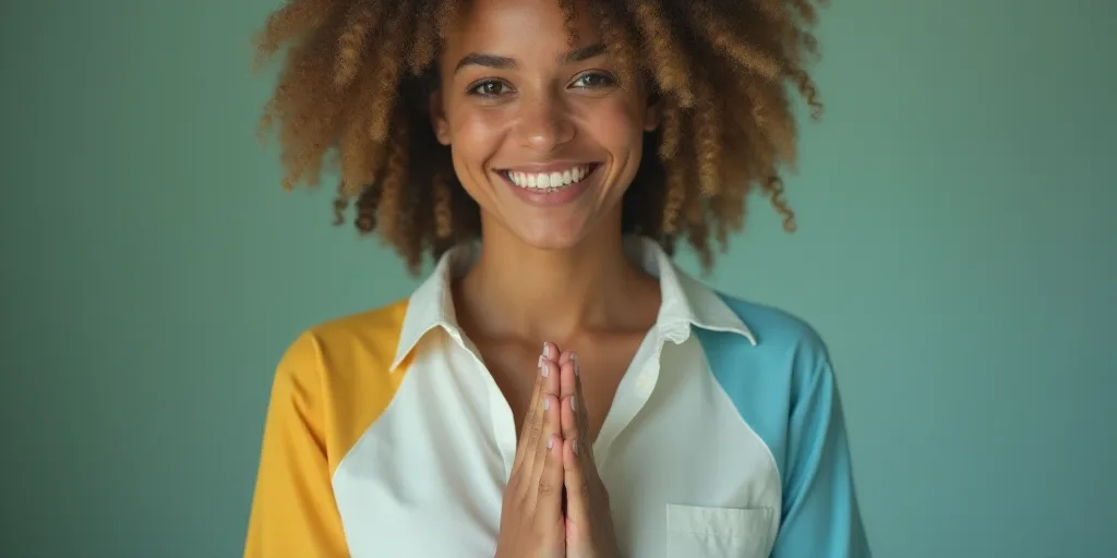 a woman with a white shirt and a blue and yellow shirt is smiling and holding her hands together in