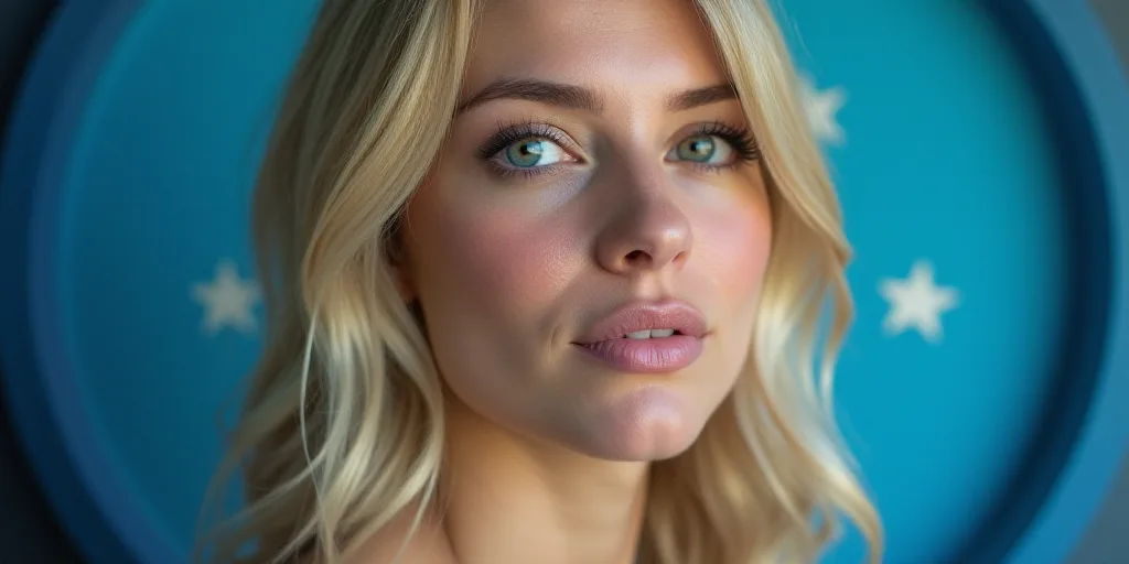 a woman with blonde hair and a blue background with stars on it, and a blue background with a blue c
