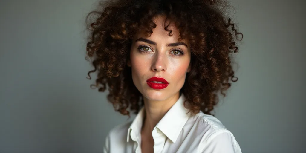 a woman with curly hair and a white shirt is looking at the camera and has a red lip on her cheek, A