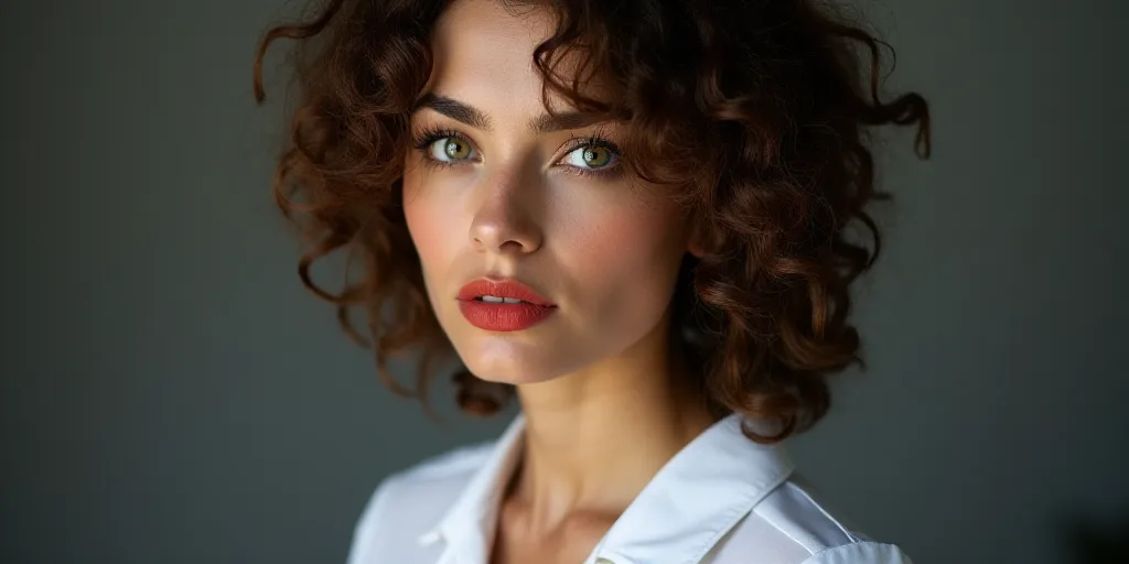 a woman with curly hair and a white shirt is looking at the camera and has a red lip on her cheek, A