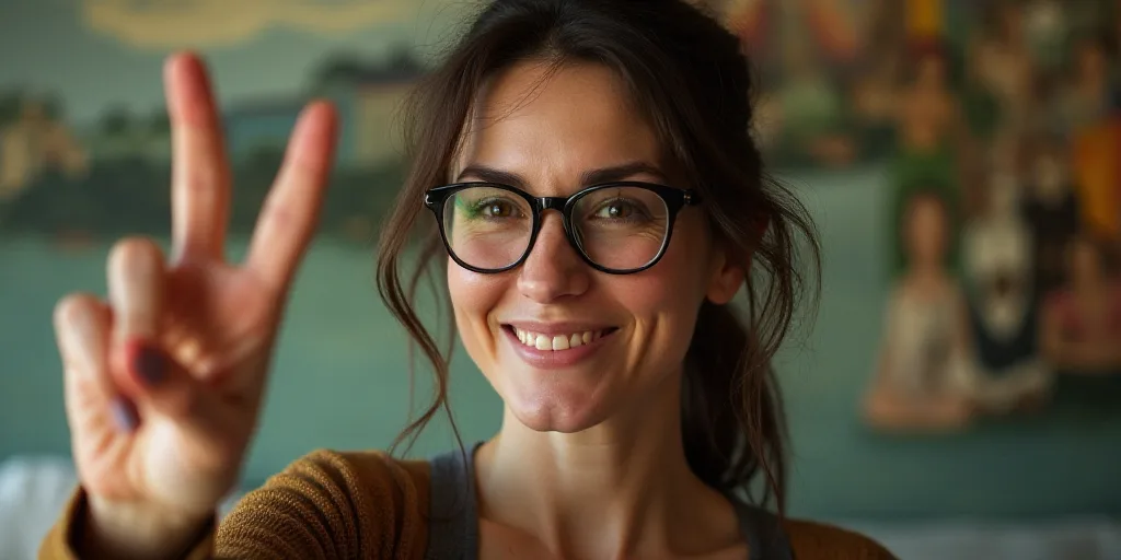 a woman with glasses is giving a peace sign with her hand and a painting behind her on the wall, Ali