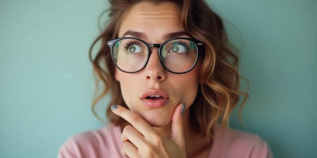 a woman with glasses is looking at something with a surprised look on her face and a hand on her chi