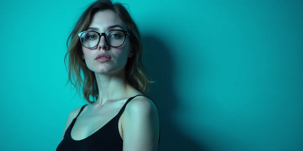 a woman with glasses standing in front of a blue background with a black and white photo of her face