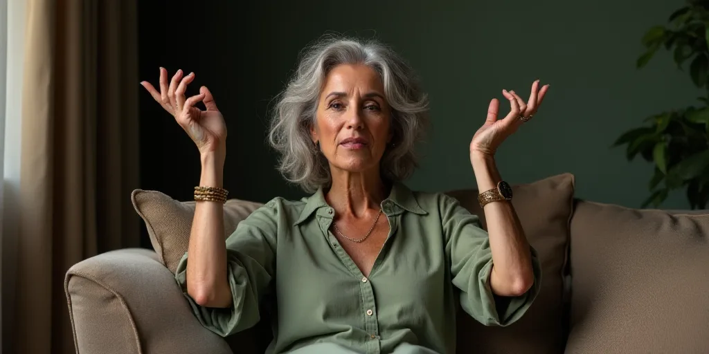 a woman with grey hair sitting on a couch with her hands up in the air and a hand gesture, Bracha L.