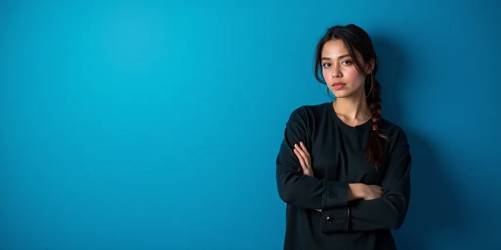 a woman with her arms crossed in front of a blue background with the words dra, carmen amezua, Ameli
