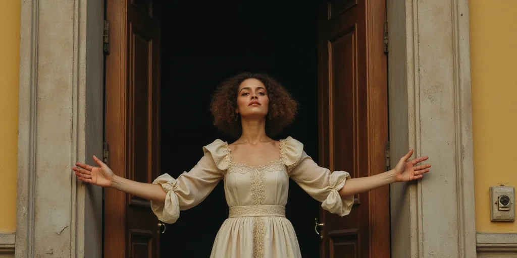 a woman with her arms outstretched in front of a camera man and a woman with her arms outstretched i
