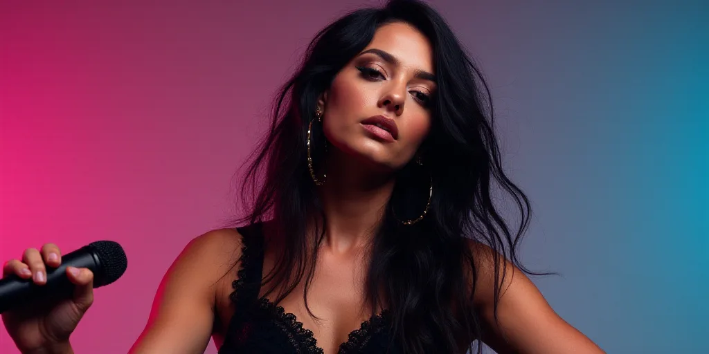 a woman with long black hair and a microphone in her hand and a microphone in her other hand, and a