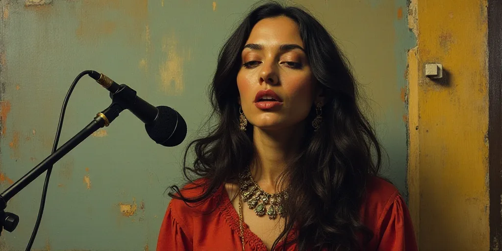 a woman with long hair and a necklace on her neck is speaking into a microphone with a wall behind h