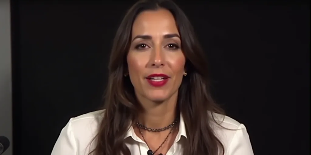a woman with long hair and a white shirt is speaking into a microphone and has a red lip and a black