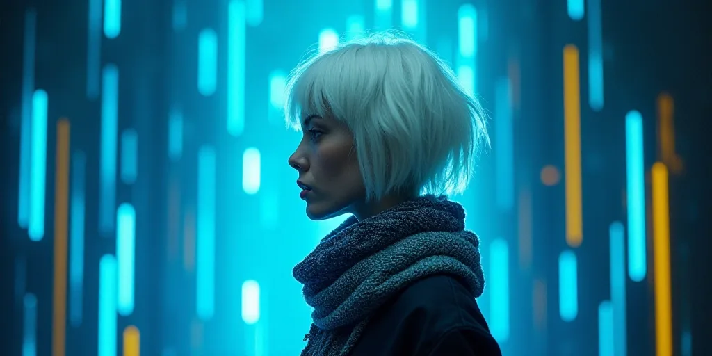 a woman with white hair and a scarf around her neck is standing in front of a blue background with a