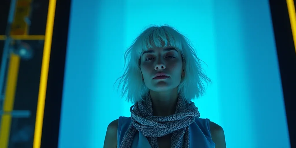 a woman with white hair and a scarf around her neck is standing in front of a blue background with a