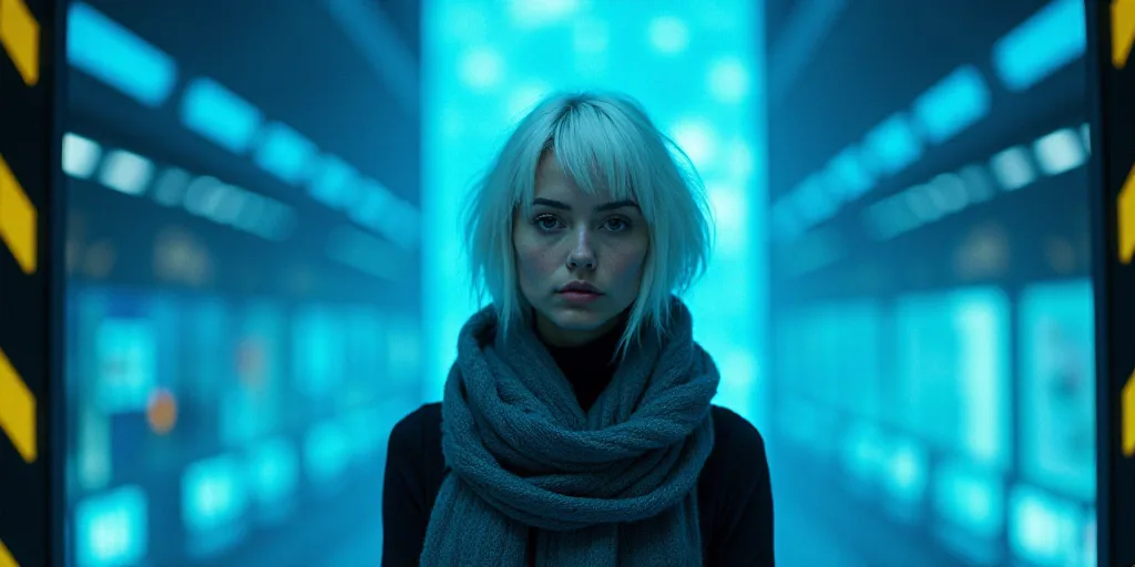 a woman with white hair and a scarf around her neck is standing in front of a blue background with a