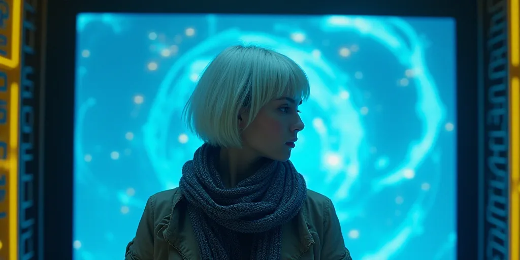 a woman with white hair and a scarf around her neck is standing in front of a blue background with a