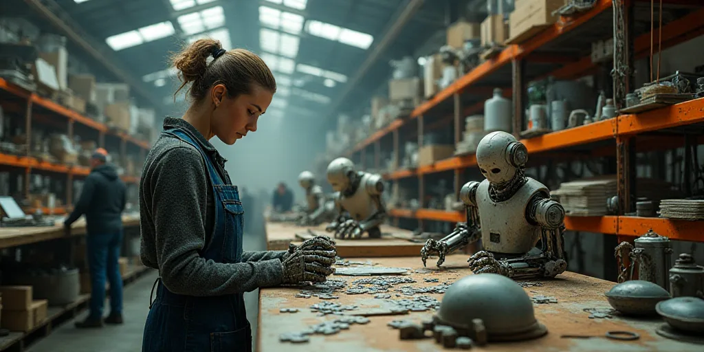 a woman working in a factory with lots of shelves and tools on the shelves and people in the backgro