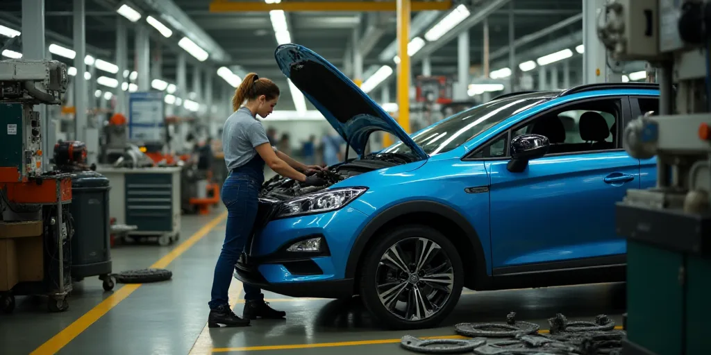 a woman working on a car in a factory with lots of machines and parts on the floor and on the floor,