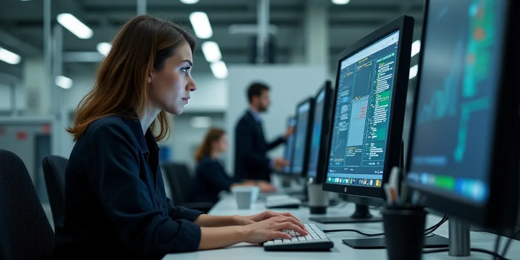 a woman working on a computer in a factory with other workers in the background and a man in the bac