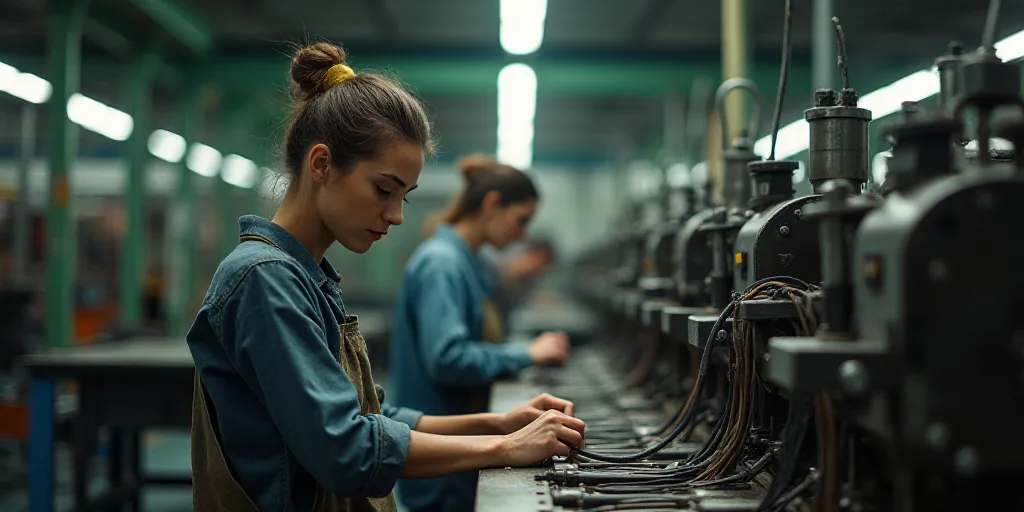 a woman working on a machine in a factory with other workers in the background looking at the machin
