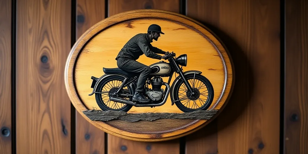 a wooden plaque with a picture of a man on a motorcycle on it's side on a wooden wall, David Ramsay