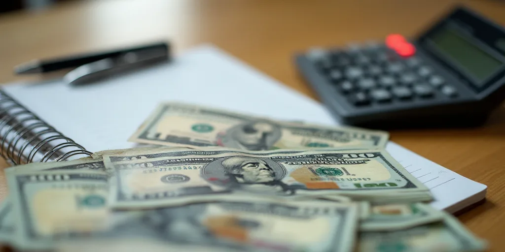 a wooden table topped with lots of money and a calculator next to a notebook and pen on top of it, A