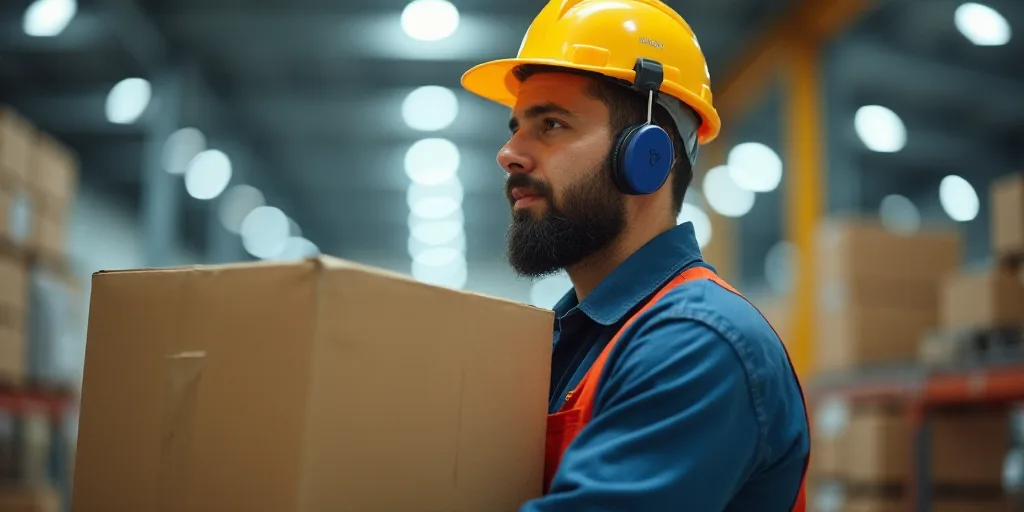 a worker in a factory holding a box of boxes with ear phones on it and a hard hat on, Ceferí Olivé