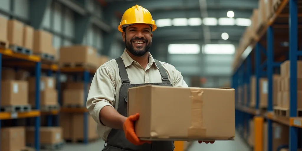 a worker in a factory holding a box of boxes with a helmet on his head and a hardhat on his head, Ce