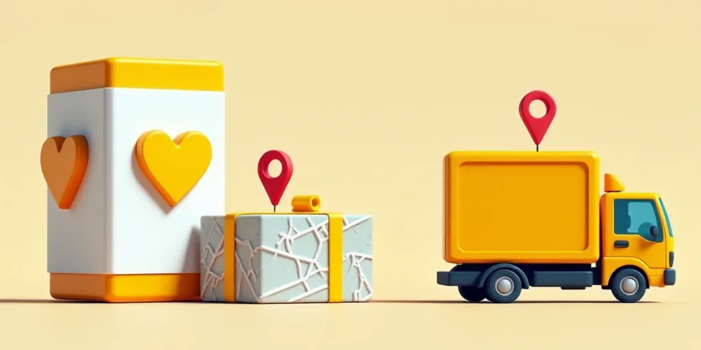 a yellow phone with a heart on it and a box with a map and a pin on it and a yellow truck with a red