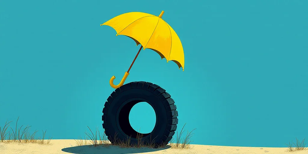 a yellow umbrella is over a black tire and a blue background with a yellow umbrella and a yellow umb