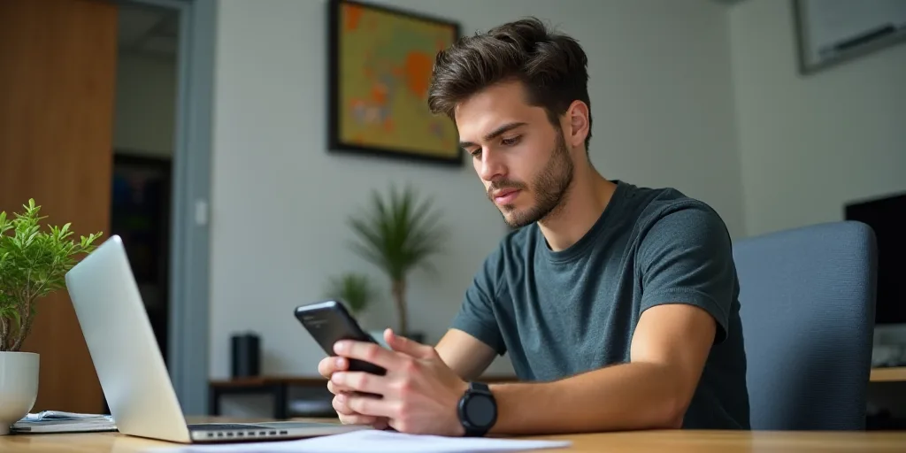 a young man sitting at a desk with a laptop and a cell phone in his hand and looking at his cell pho