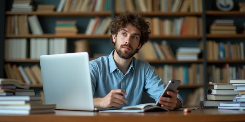 a young man sitting at a desk with a laptop and a cell phone in his hand and a stack of books behind