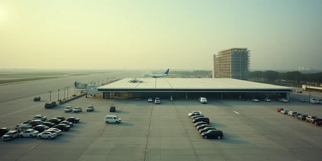 an aerial view of a large airport with cars parked in front of it and a building under construction
