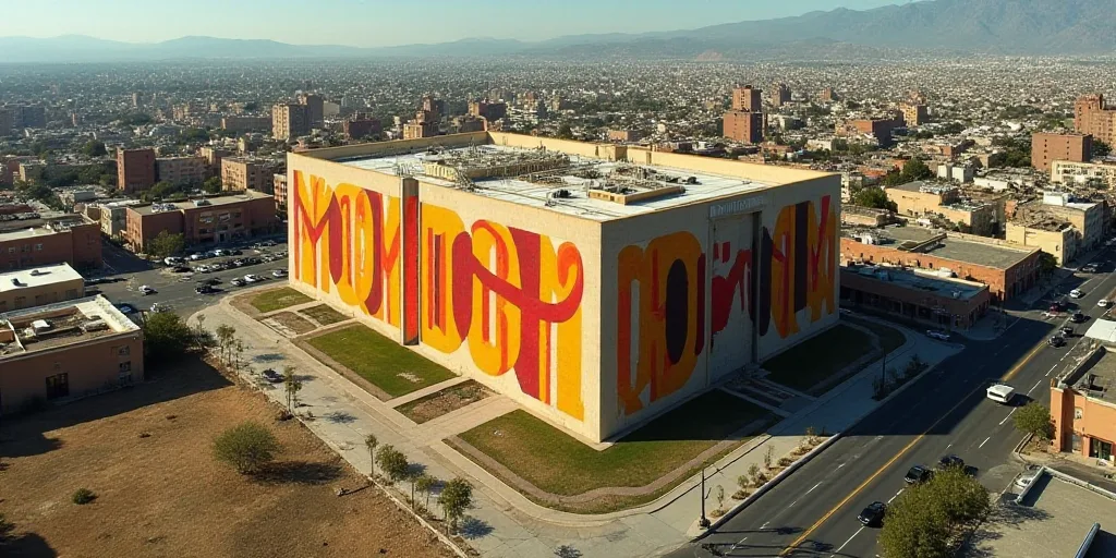 an aerial view of a large building with a large sign on it's side and a city in the background, Davi