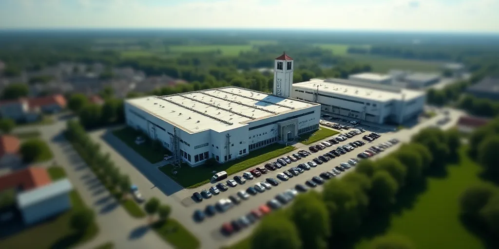 an aerial view of a large industrial building with a parking lot in front of it and a large building