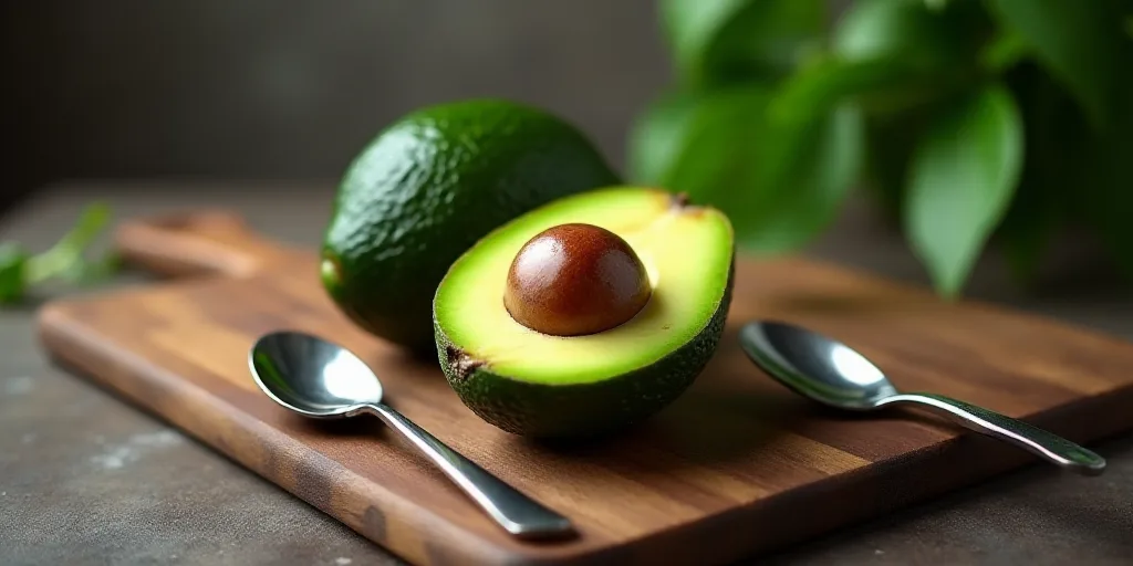 an avocado with a leaf on a table with a spoon and a knife next to it on a table, Aya Goda, professi
