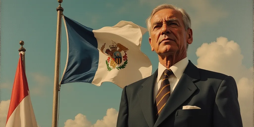 an older man in a suit and tie standing in front of a flag and a flag pole in the background, Antôn
