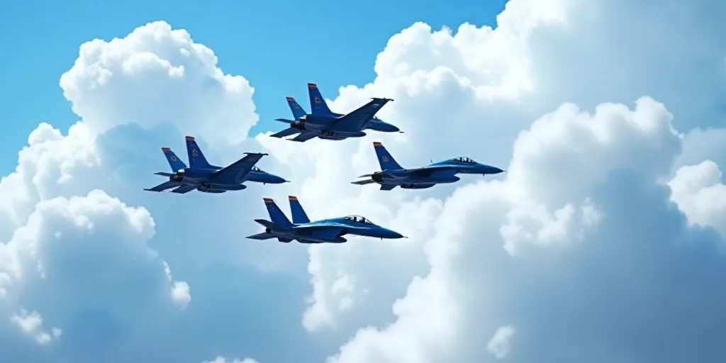 four fighter jets flying in formation in the sky with clouds above them and below them, a blue sky w