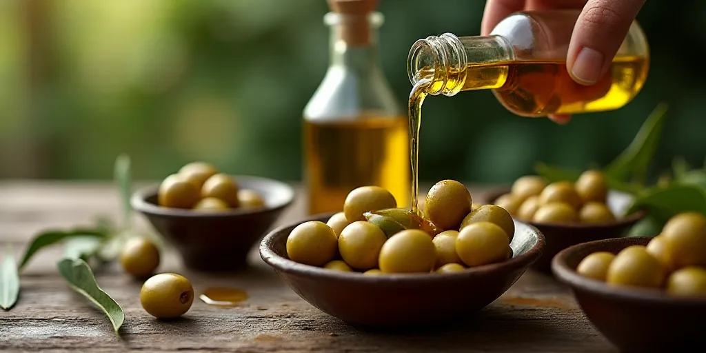 olives and olive oil being poured into small bowls on a table with olives and a bottle of olive oil,