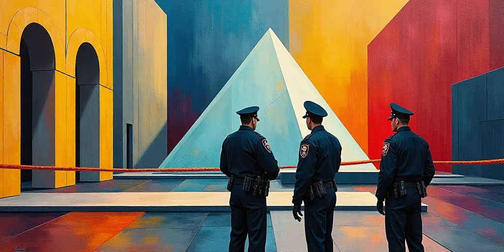 police officers standing in front of a building with a glass pyramid in the background and a police