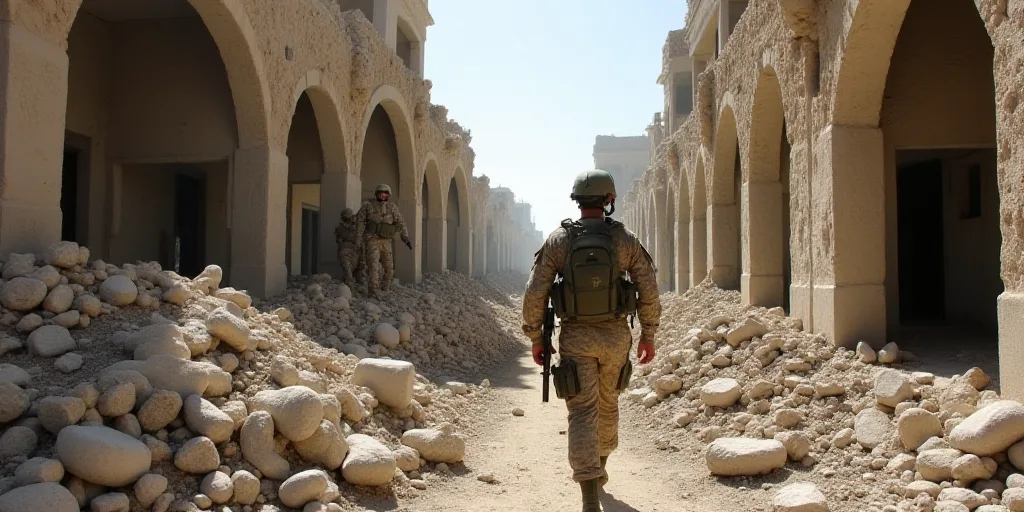 soldiers walk through a destroyed building in the city of mosula, iraq, on march 22, 2013, Carl Gust