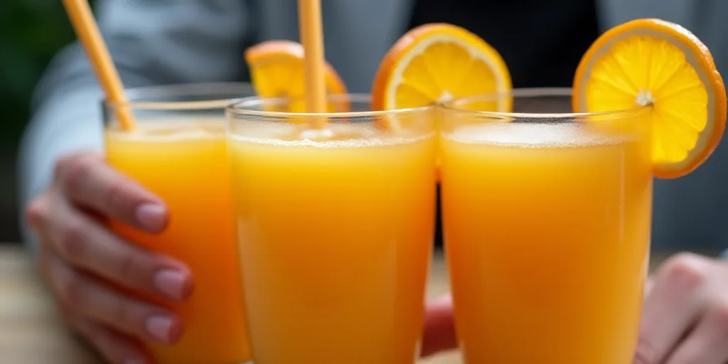 three glasses of orange juice with a straw and a slice of orange on the rim of the glasses, with a p