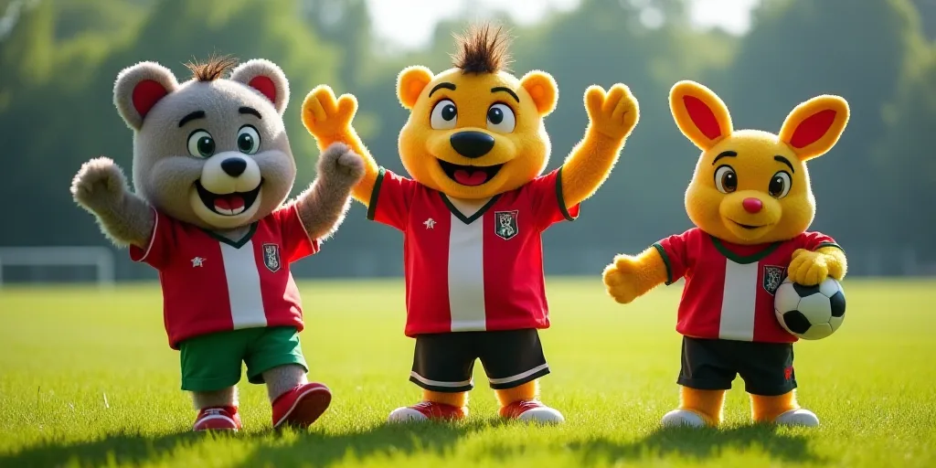 three mascots are standing in the grass with their hands up in the air and one is holding a soccer b