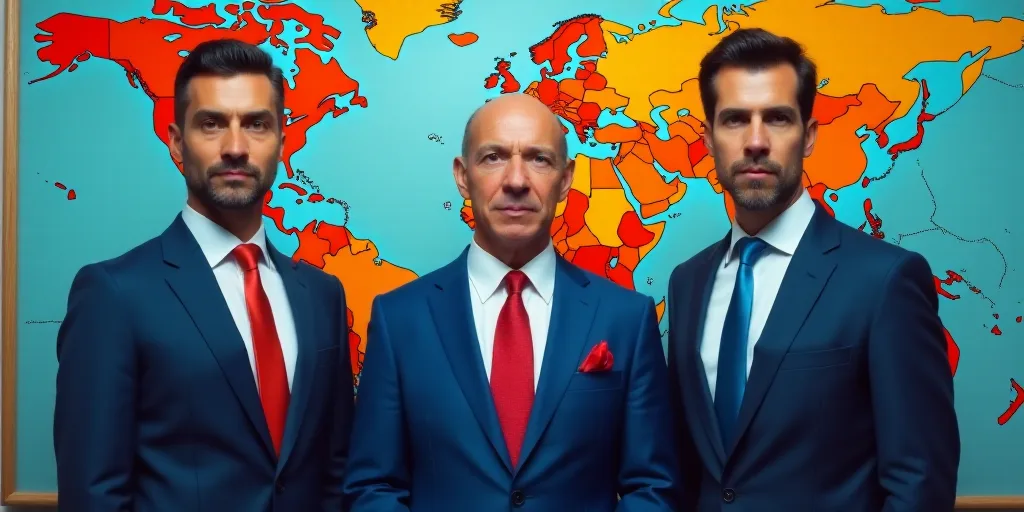 three men and a woman standing in front of a map of the world with a blue suit on and a red tie, Agu