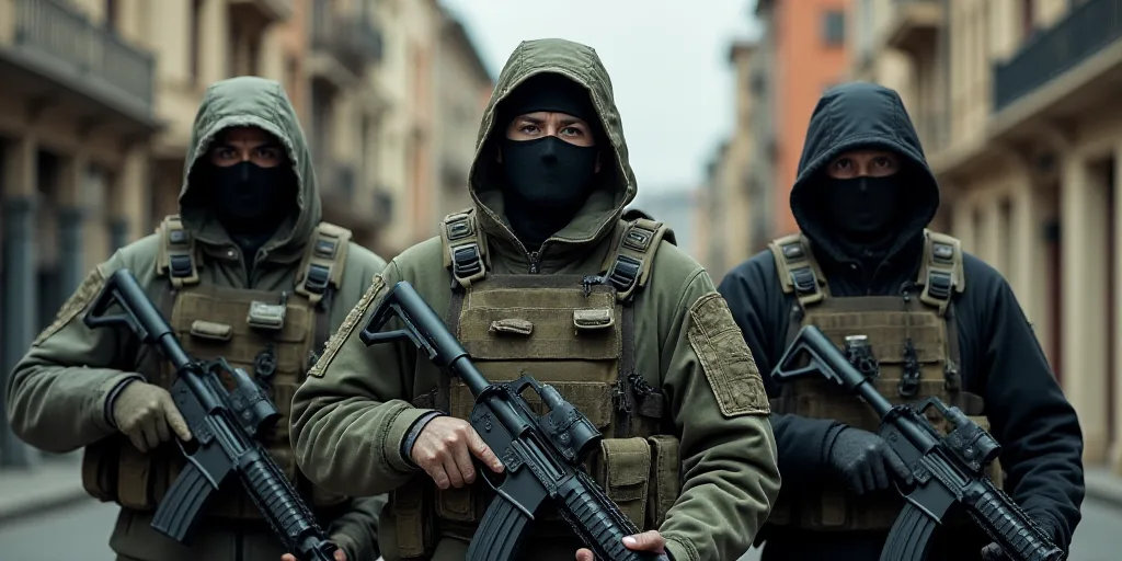 three men in military gear standing next to each other with guns in their hands and wearing masks on