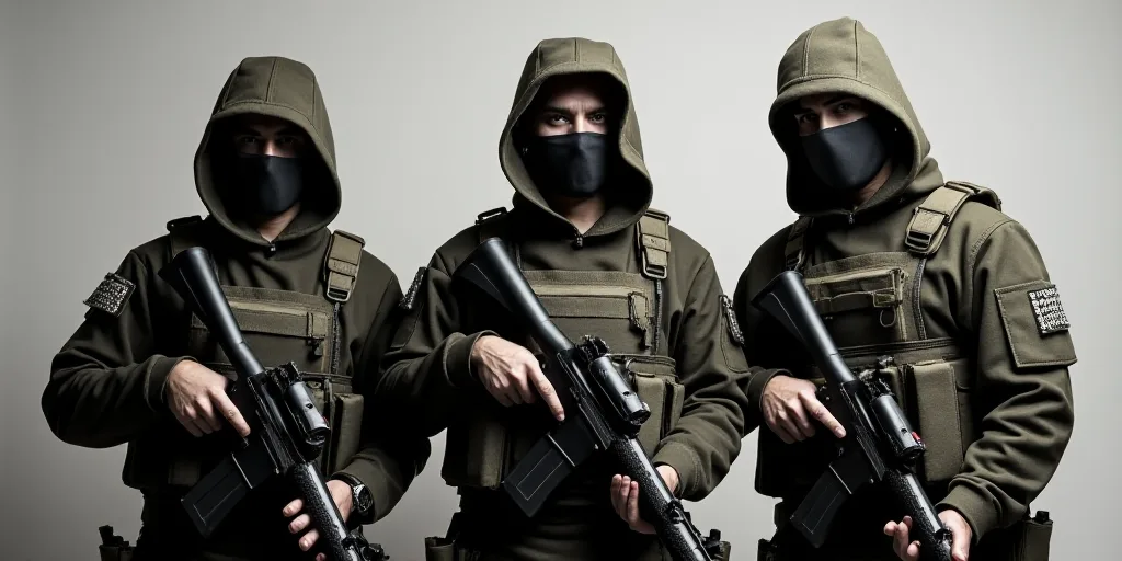three men in military gear standing next to each other with guns in their hands and wearing masks on