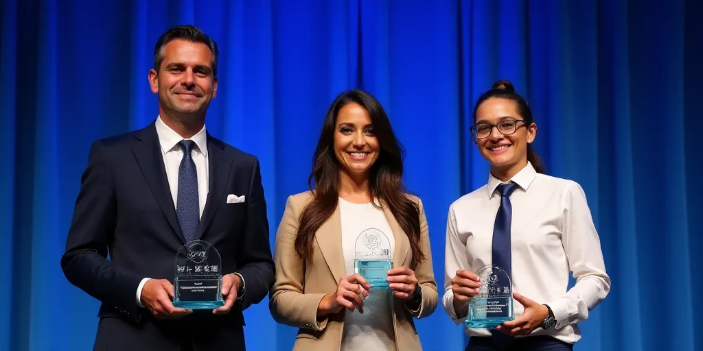 three people holding awards in front of a stage with a blue background and a blue backdrop behind th