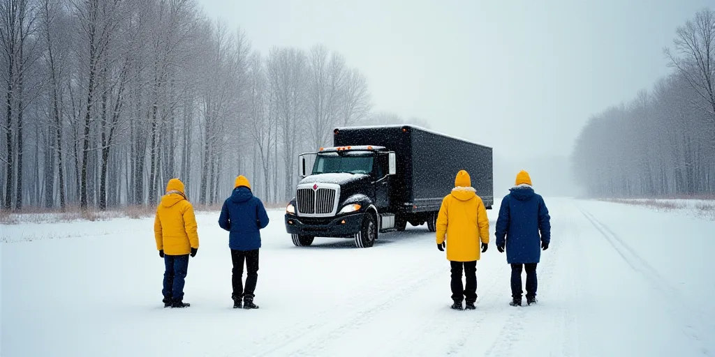 three people in yellow and blue jackets and yellow hats are standing in the snow near a black truck