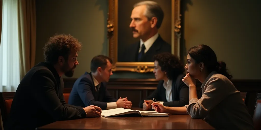 three people sitting at a table with a book in front of them and a portrait of a man in the backgrou