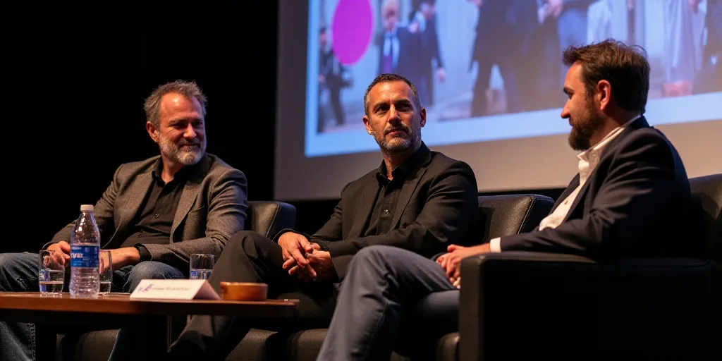 three people sitting on a couch talking to each other at a conference event with a screen behind the