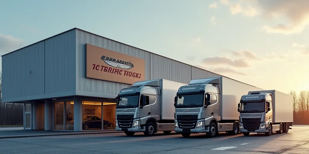 three trucks parked in front of a building with a billboard on it's side and a car parked in front o