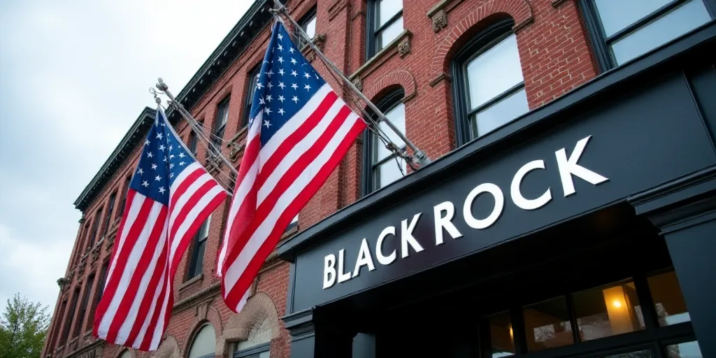 two american flags are flying in front of a black rock building with a sign that says black rock on