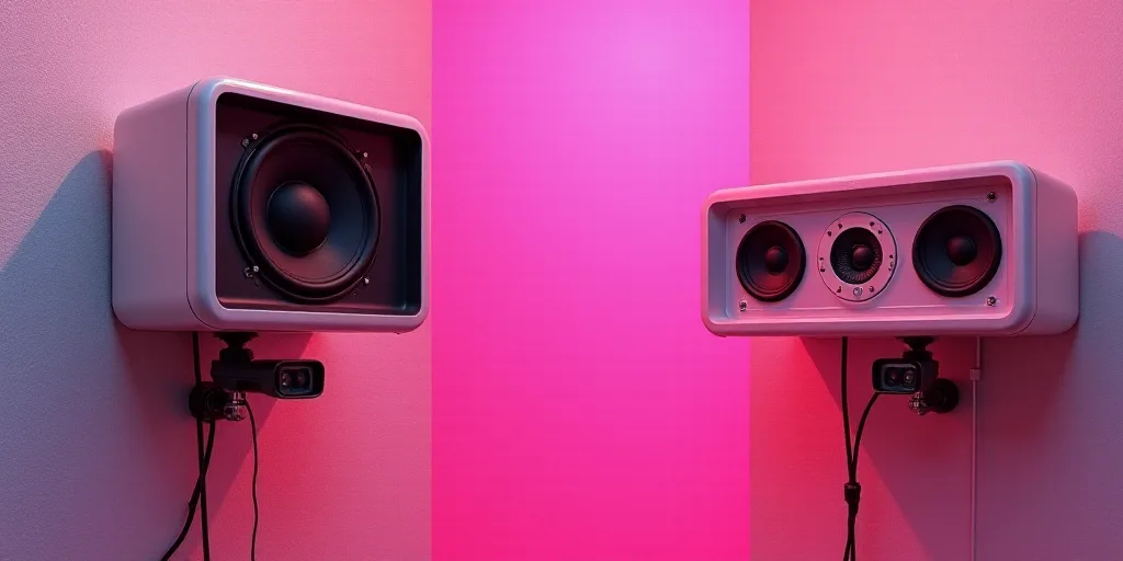 two cameras mounted to the side of a wall next to a pair of speakers on a wall with a pink backgroun